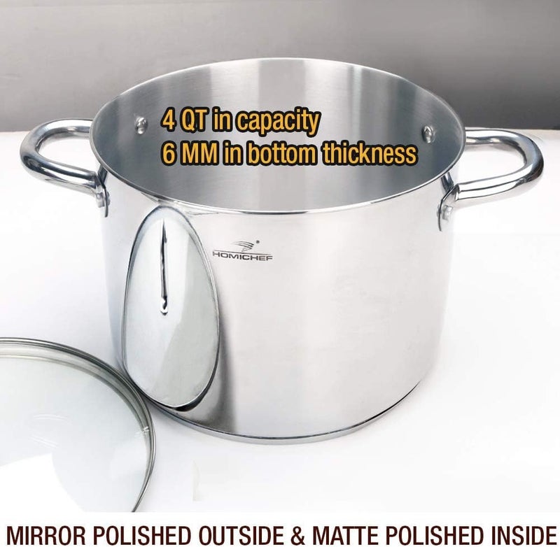 HOMICHEF Small Stock Pot 4 Quart Nickel Free Stainless Steel - Small 4 Qt Pot With Lid - 4Qt Stockpot With Lid - Soup Pot Small Cooking Pot 4 Quart - 4 Qt Pot With Glass Lid - Induction Pot With Lid - Image 2